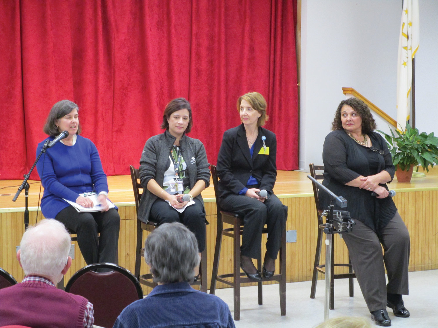 RI RESEARCH: Catherine Taylor, left, served as moderator of last week’s “Alzheimer’s Disease: Finding Hope Through Research” discussion at the Cranston Enrichment Center. Panelists, from left, were Tara Tang, Terry Fogerty and Anne Cerullo.
